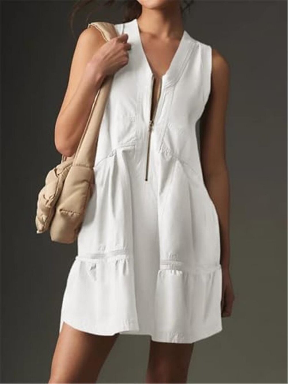 Women's White Sleeveless Tank Mini Dress Casual Half Zip V Neck Loose Mesh - Picture 2 of 5